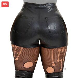High Waist Faux Leather Shorts, Plus Size, Stretchy PU Material, Zipper Closure